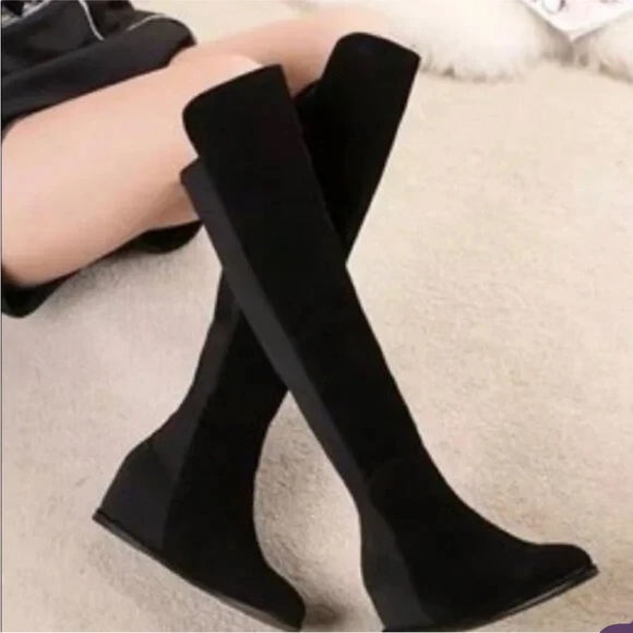 Stuart Weitzman Demiswoon Black Over-the-Knee Boots Stretch Wedge Suede 8 - Picture 1 of 13